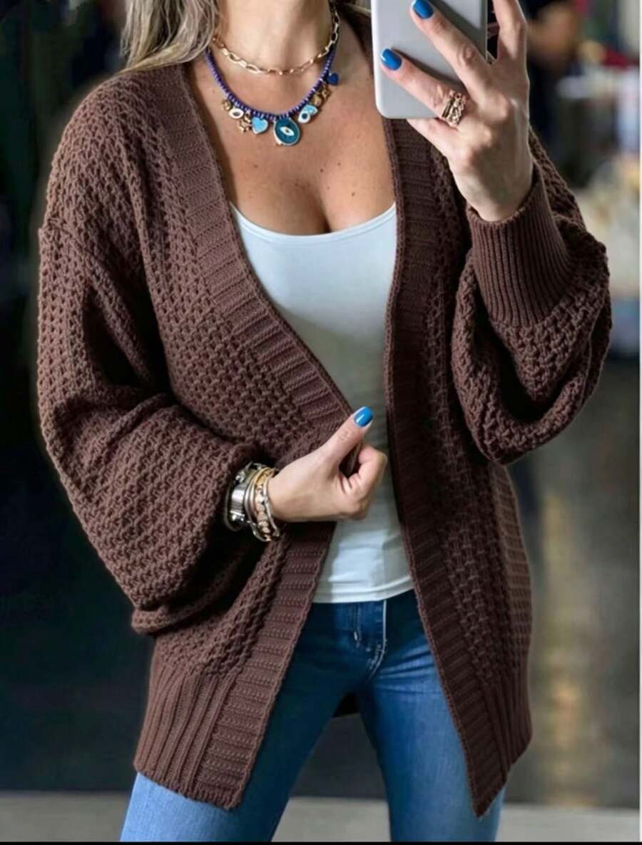 Women's Knit Cardigan, Perfect For Autumn/Winter, With Puff Sleeves - New Arrival - 咖啡棕 - 查看 1