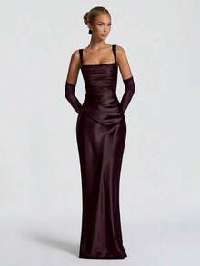 Elegant Satin Cinching Waist Lace Up Slip Dress, Long Gown For Halloween Party, Cocktail Formal Event, Christmas Party, Valentine's Day Wedding Black Spring - 紫色 - 查看 2