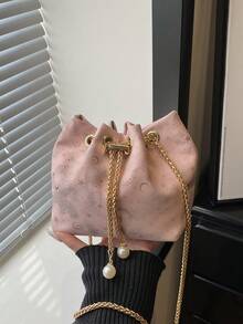 Fashionable Drawstring Printed Bucket Crossbody Bag, Versatile Chain Shoulder Bag For Women - Pink - View 9