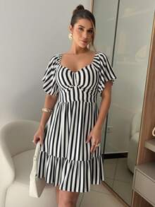Women's Striped Short Dress With Puff Sleeves And Ruffles - Casual And Elegant Summer Fashion. Ruched Ruffle Hem - Black - View 3