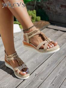WRCVS Sandal quai ngang dệt màu be dành cho nữ, sandal đế xuồng mùa hè, đế dệt đính hạt thủ công, họa tiết hoa ngẫu nhiên, sandal nhẹ nhàng phong cách bohemian cho kỳ nghỉ ngoài trời. - Màu be - Xem 4