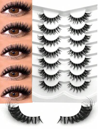 GROINNEYA 7 pares de pestañas postizas esponjosas y delicadas con banda transparente, pestañas de gato, pestañas gruesas y voluminosas, pestañas dramáticas de hada con efecto cruzado 3D de visón, adecuadas para maquillaje diario en diversas ocasiones