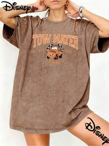 Disney Cars Tow Mater College Style Vintage Washed Black Oversized Cotton T-Shirt, Retro Sporty Loose Fit Tee For Kids & Adults, Perfect For Disney Fans, Daily Wear & Gift - 咖啡棕 - 查看 1