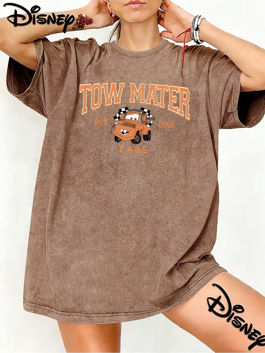 Disney Cars Tow Mater College Style Vintage Washed Black Oversized Cotton T-Shirt, Retro Sporty Loose Fit Tee For Kids & Adults, Perfect For Disney Fans, Daily Wear & Gift - 咖啡棕 - 查看 1
