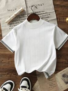 Boys' Half-High Neck Textured Ribbed Knit Black Striped Cuff Casual Knit T-Shirt - White - View 4