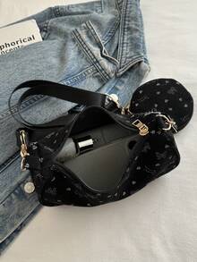 Set de 2 piezas/bolso bandolera con estampado de flores de cerezo, bolso cuadrado mini con estampado geométrico para el Día de San Valentín con monedero, bolso cuadrado con estampado vintage completo - Negro - Ver 4