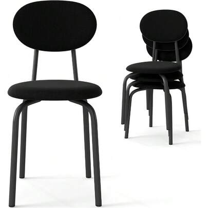 Juego de 4 sillas de comedor apilables de estilo moderno de mediados de siglo, sillas de cocina apilables con respaldo y asiento tapizados y cojines de espuma densa, estructura de acero, capacidad de 400 libras, negro