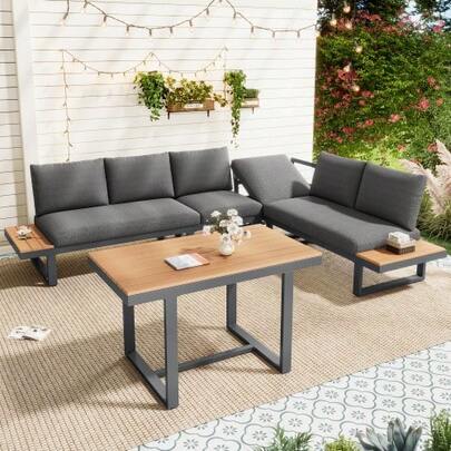 Garten-Essgruppe,Gartenmöbel-Set, Eckstellung, Mit Verstellbarer Neigefunktion (5-Stufig, Bis 55°), Verzinktes Stahlrohr, Tischplatte Kunststoff-Holz, Mit Esstisch, Grau + Schwarz