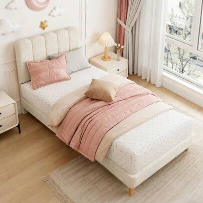 Techigher Boucle Fabric Bed Frame, Modern Style, Upholstered Platform Bed With Adjustable Wave Headboard, Wooden Slats Support, No Box Spring, Easy Assembly