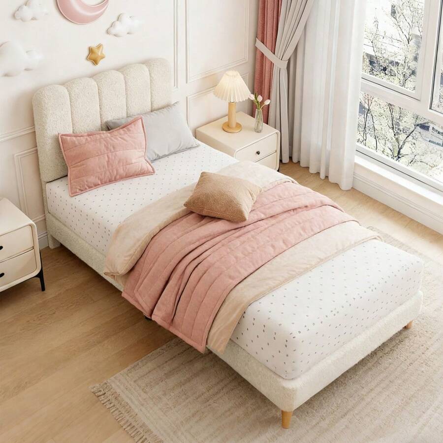 Techigher Boucle Fabric Bed Frame, Modern Style, Upholstered Platform Bed With Adjustable Wave Headboard, Wooden Slats Support, No Box Spring, Easy Assembly - Tamaño individual - Ver 1