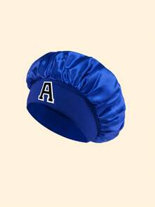 1 chiếc mũ ngủ bằng satin in 26 chữ cái, có dây thun rộng, chất liệu mềm mại như lụa, lý tưởng cho giấc ngủ, du lịch, làm tóc và chăm sóc tóc hàng ngày của phụ nữ. - Xanh đậm - Xem 5