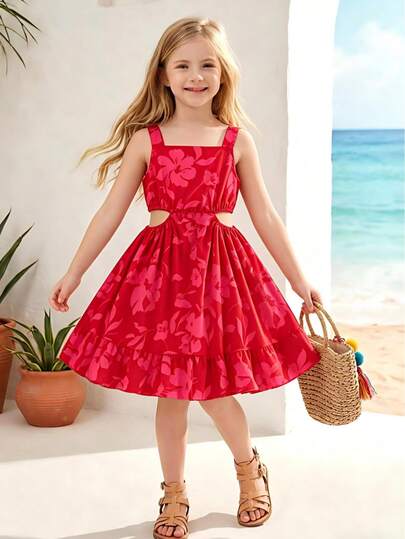 Young Girls Floral Print Hollow-Out Splice Casual Dress, Suitable For Beach Vacation, Summer