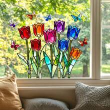 1pc Colorful Tulip & Butterfly Static Cling Window Film, Reversible Stained Glass Effect Decal For Kitchen, Bedroom, Sunlight Reflection - Multicolor - View 7
