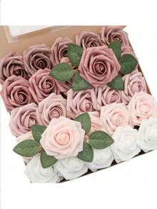 27pcs Set (25 Rose Flowers, 2 Leaves) Artificial Ivory Foam Roses With Stems, Suitable For DIY Wedding Bouquets, Bridal Shower Centerpieces, Party Table Decor, Valentine's Day And Mother's Day (Excluding Gift Box) - Multicolor - View 5