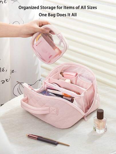 2pcs/Set Women's Fluffy Padded Makeup Bag/Travel Toiletry Pouch, Large Opening Design, Convenient For Storing Travel Essentials, Accessories And Makeup Brushes