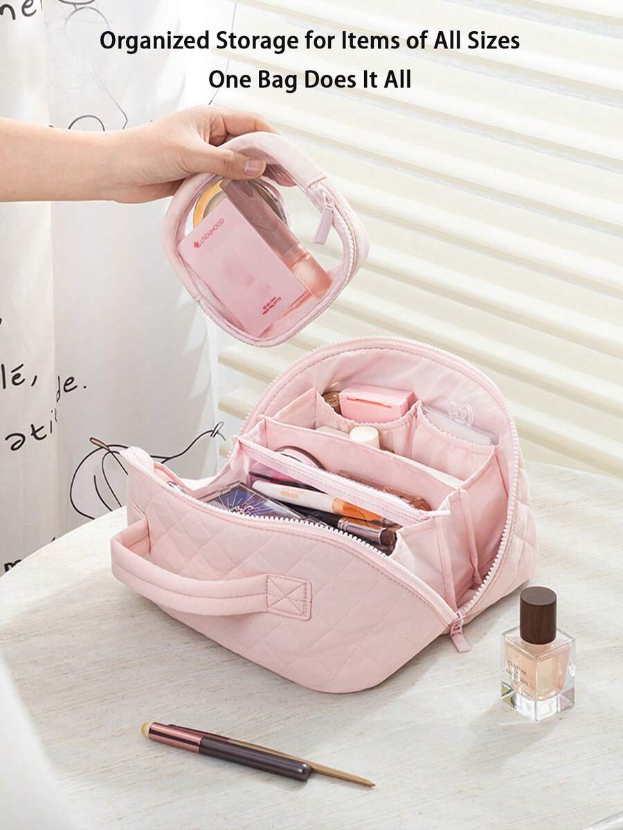 Set de 2 bolsas de maquillaje/neceser de viaje acolchadas y esponjosas para mujeres, con diseño de apertura grande, conveniente para almacenar artículos de viaje, accesorios y brochas de maquillaje
