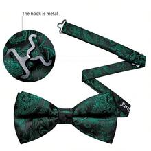 Elegant Fresh Dark Green Tropical Pattern Bow Tie Handkerchief Cufflinks Flower Pin 4Pcs Men Accessory Set - Dark Green - View 4
