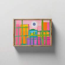 Decoración de pared plana 2D, 1 pieza con pósters vintage, que muestra un impresionante paisaje desértico moderno de mediados del siglo con un diseño occidental vibrante, que representa un atardecer sobre cactus y rocas rosadas. Ideal para la decoración del dormitorio o la sala de estar. - Sin marco - Ver 2