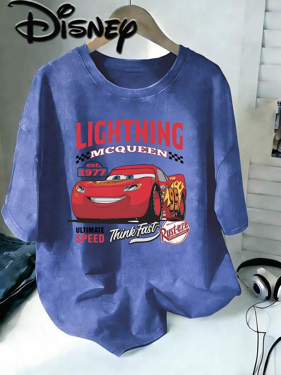 Disney Cars Lightning McQueen Retro Vintage Washed Brown Oversized Cotton T-Shirt, Extra Large Baggy Fit Tee For Kids & Adults, Cars Fan Top - 藍色 - 查看 1