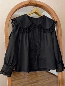 ii Loose Fit Peter Pan Collar Long Sleeve Shirt Black - Black - View 3
