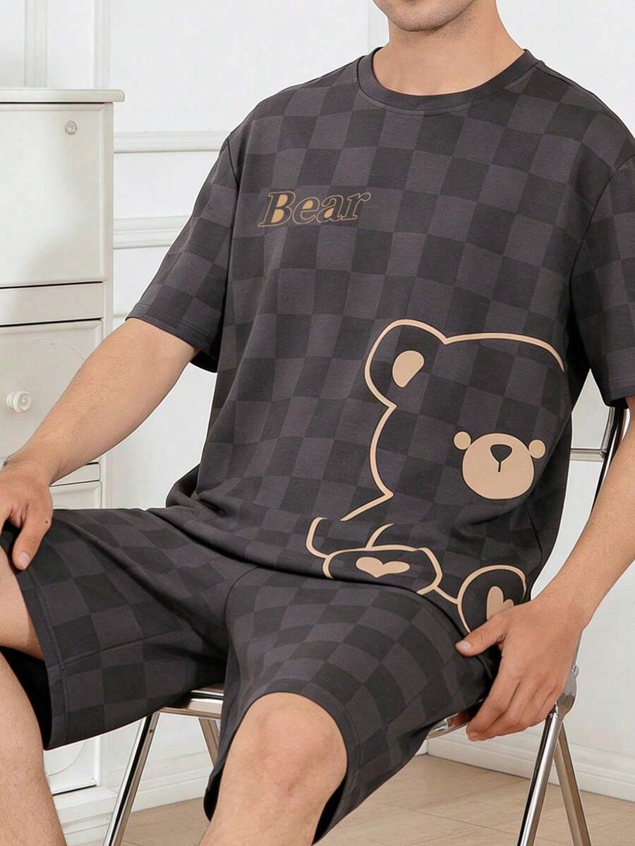 Men's Summer Checkered Heart & Bear Print Short Sleeve Shorts Pajama Set, Comfortable Loungewear - Multicolor - View 1