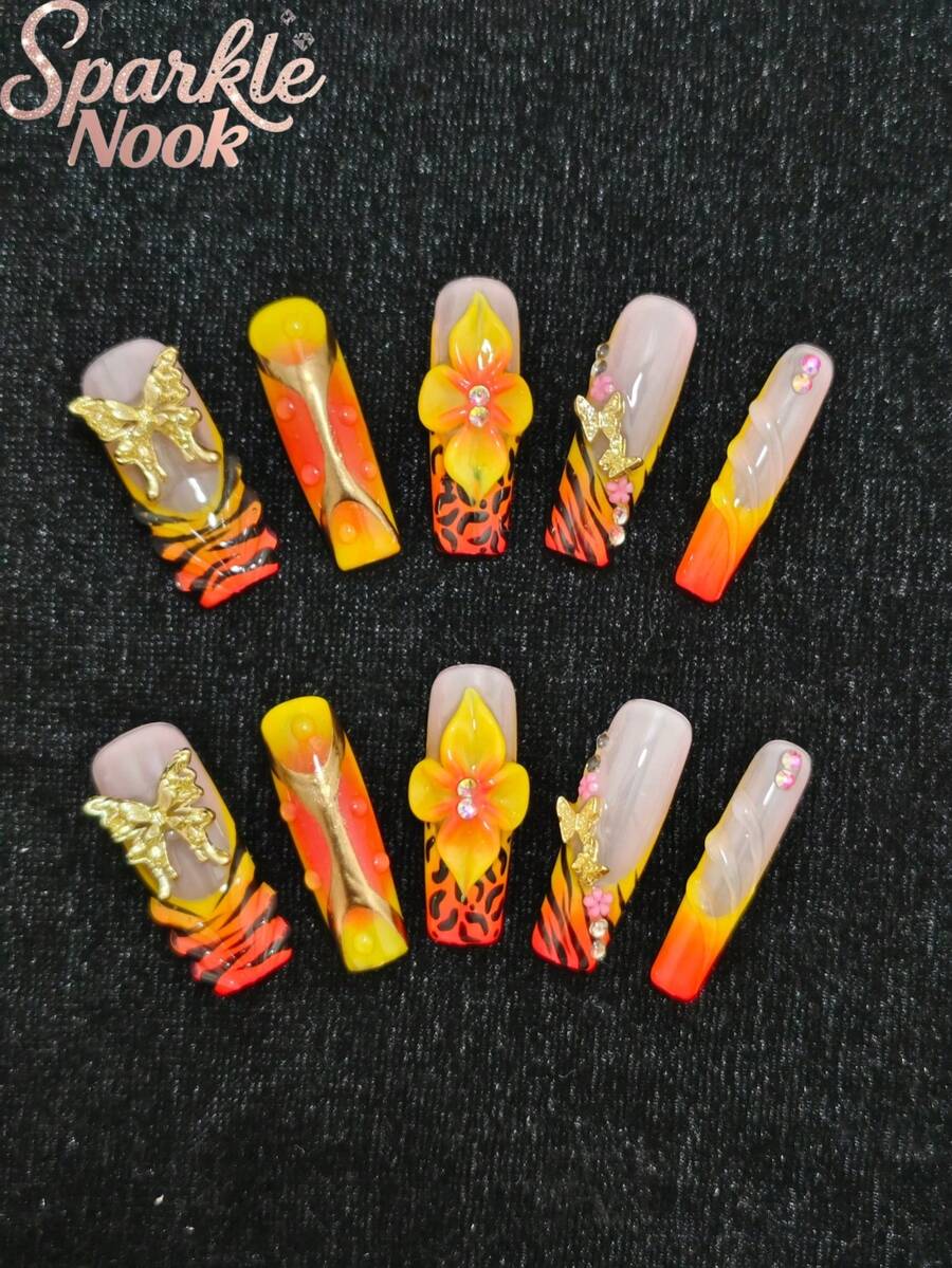 10 Pieces Of 3.3 Cm Long Handmade Coffin-Shaped Ornaments, Decorated With Butterflies, French Patterns, Small Flowers, Etc. Suitable For Women And Young Girls. Applicable For Valentine's Day, Parties, Festivals And Daily Wear. Includes Nail Ornaments, Acrylic Nail Sets, Consisting Of The Set, Hand-Pressed Nail Pieces, Fake Nail Stickers And Nail Supplies. - 彩色 - 查看 1