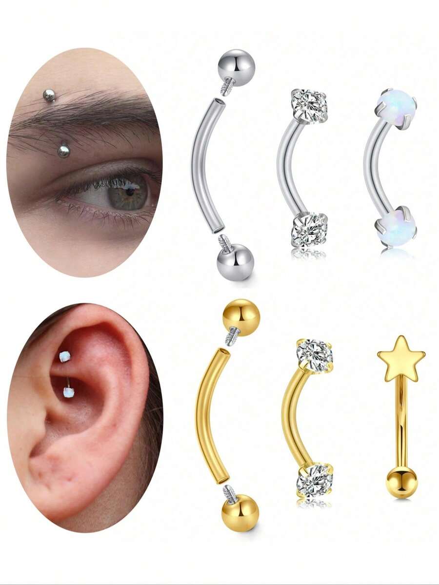 1 chiếc khuyên xỏ lông mày cong bằng thép không gỉ 316, cỡ 16G, dài 8mm hoặc 10mm, đính đá Cubic Zirconia và ngọc Opal giả, thích hợp cho cả nam và nữ. - Nhiều màu - Xem 1