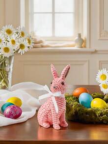 1pc Resin Woven Rabbit Statue With White Ribbon - Rustic Farmhouse Style Living Room, Coffee Table And Bookshelf Decor. This Charming Woven Texture Rabbit Statue Adds A Warm And Natural Atmosphere To Your Home. Perfect For Spring, - B - View 6