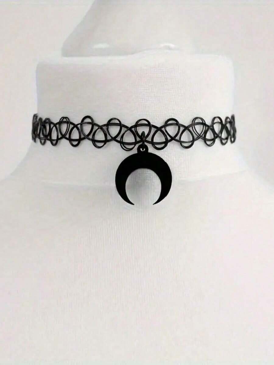 1pc Gothic Style Unique Bat, Crescent Moon Pendant Necklace, Adjustable Elastic Cord Choker Necklace, Hollow Design, Suitable For Women, Ideal For Back To School, Valentine's Day, Wedding, Festival, Birthday, Holiday, Party, Daily Wear - Nhiều màu 2 - Xem 1