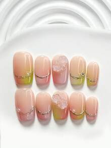 10pcs Minimalist Princess Style Handmade Nail Art Set, Including Gel Nail Kit, 3D Glitter Rose Nail Accessories, Hand-Painted Gold Edge Design, Bridal Nail Kit, With Nail Tools (1 Jelly Sticker + 1 Nail File), Available In 3 Sizes: Square, Short Square, Almond, Suitable For Parties, Daily Wear, Events, Photo Shoots, Spring/Summer Commute, Best Gift For Ladies - 彩色 - 查看 14