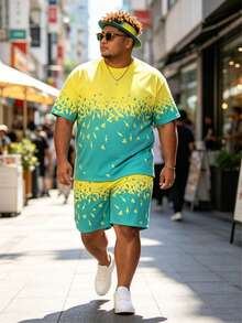 Plus Size Men's Bright Color Gradient Loose Casual Short Sleeve Shorts Set, Summer Contrast Color Funny Print Plus Size Thin Sports Suit, 2-Piece Personalized Outfit Suitable For Tall And Men, Daily And Workout Versatile Round Neck T-Shirt Set - Multicolor - View 1