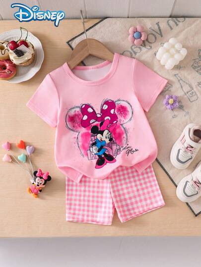  Bộ áo thun ngắn tay và quần short in hình lâu đài Minnie của Disney Baby dành cho bé gái, trang phục thường ngày dễ thương cho kỳ nghỉ hè, quần short cạp chun kẻ caro màu hồng, trang phục ngoài trời.