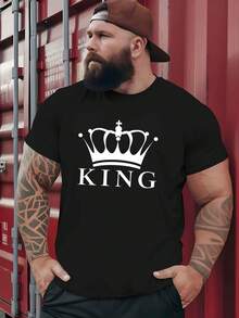 Camiseta de hombre, tops de verano: Camiseta extragrande con corona de rey y estampado KNG para hombre – Blanco y negro, top de verano informal de manga corta y cuello redondo, transpirable, corte holgado con logo de corona blanca para el tiempo libre, fiestas y eventos – Camiseta versátil con mensaje, camiseta de algodón de talla grande, conjunto de verano para hombre - Negro - Ver 2