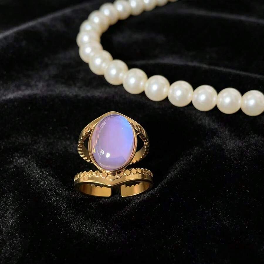 COINBUFF 1 chiếc nhẫn thời trang hình oval đính đá opal giả, mạ vàng 18K, làm bằng thép không gỉ, có thể điều chỉnh kích cỡ, dành cho nữ. - Vàng - Xem 1