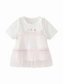 mini bala Girls Baby Short Sleeve Tee, Soft Breathable Mesh Layered Summer Top 2026 - 珍珠白 - 查看 4