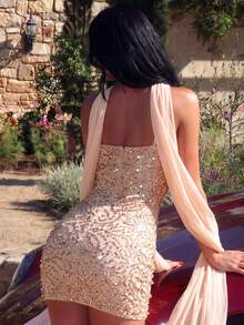 Vestido mini ajustado con lentejuelas elegante de UNITHORSE - Oro rosa - Ver 2