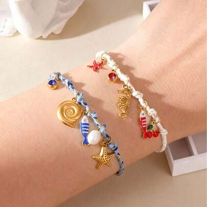 1 pieza Precioso brazalete de acero inoxidable 18K con caracol, caballito de mar, estrella de mar, pez y perla de agua dulce, adecuado para mujer, uso diario y regalo