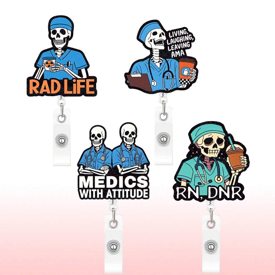 1pc Skull Design Acrylic Badge Clip, Suitable For Nurses And Doctors, With Retractable Clasp And Rotatable ID Card Holder, Fun Badge Accessory - A - View 1
