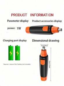 电动鼻毛修剪器，专业无痛鼻毛和耳毛修剪器，男女通用，防水不锈钢刀片，静音高效，电池供电，易于清洁 - 橘色 - 查看 6