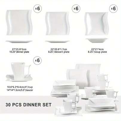 30pcs White Porcelain Dinner Set With 6pcs Cup, Saucer, Dessert Soup Dinner Plate Tableware Set For 6 Person