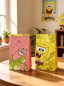 SpongeBob SquarePants 一套 12 个主题派对礼品袋，附赠 12 个圆形封口贴纸，可收藏的牛皮纸礼品袋 - 可爱有趣的纸质礼品袋，印有派大星、章鱼哥、蟹老板、珊迪、小蜗等卡通人物。 - A - 查看 2
