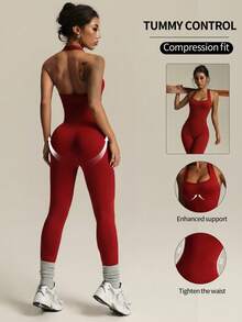 Women's Burgundy Halter Yoga Jumpsuit, Sexy High Waist Slimming Fitness Romper, Spring/Summer Versatile Style Sports - Burgundy - View 1
