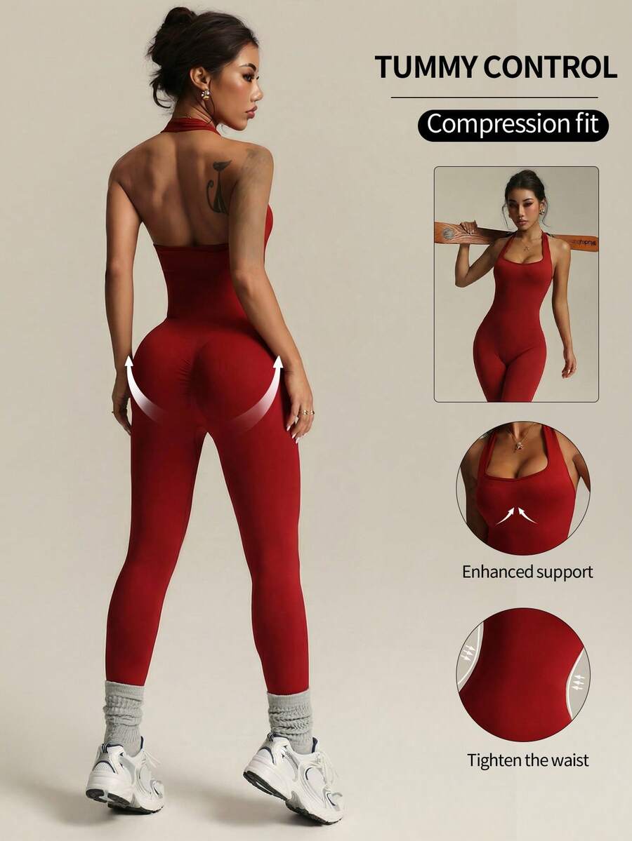 Women's Burgundy Halter Yoga Jumpsuit, Sexy High Waist Slimming Fitness Romper, Spring/Summer Versatile Style Sports - Burgundy - View 1