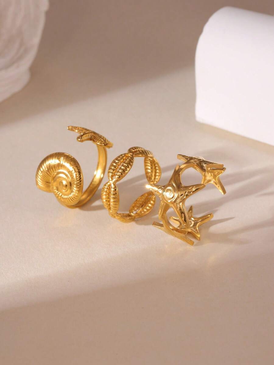 Set de 3 anillos de acero inoxidable con diseño minimalista de estrella de mar, adecuado para uso diario, playa, vacaciones y como regalo para mujeres - Multicolor - Ver 1