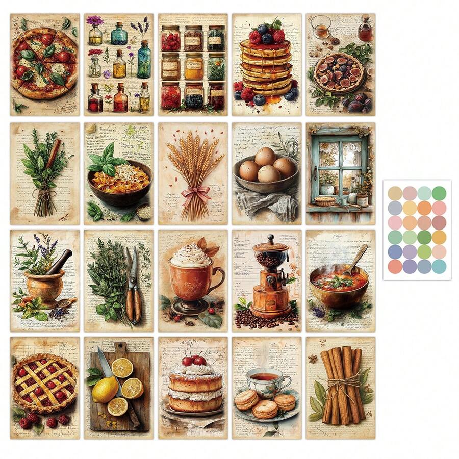 20pcs Vintage Kitchen Theme Wall Collage Kit, Aesthetic Food & Herb Art Collection Postcards, Retro Food Illustrations Small Posters For Home Bedroom Decor, Gift For Cooking Enthusiasts - A - View 1