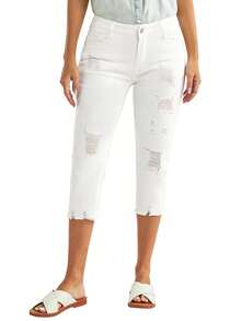 Women's Casual Distressed Slim Fit Capri Length Jeans, With Frayed Hem And Pocket Design, Medium Stretch, Fashionable Capri Jeans Suitable For Spring, Summer And Autumn White - White - View 4