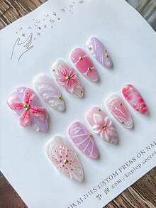 10pcs Ombre Almond Shaped Nail Stickers, 3D Floral & Butterfly Decor, Wavy Line Art Design, Rhinestone Embellished, Glossy Finish, Full Coverage Fake Nails, Suitable For Women & Girls Daily Wear - Multicolor - View 1