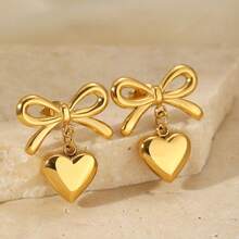 Pendientes colgantes con forma de corazón de acero inoxidable chapado en oro con estilo de lazo para uso diario de mujeres - corbata de moño - Ver 7