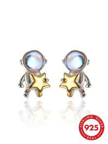 HuooNew 1 Đôi bông tai bạc 925 hình phi hành gia, món quà trang sức bạc tinh tế dành cho phụ nữ. - Bạc - Xem 1