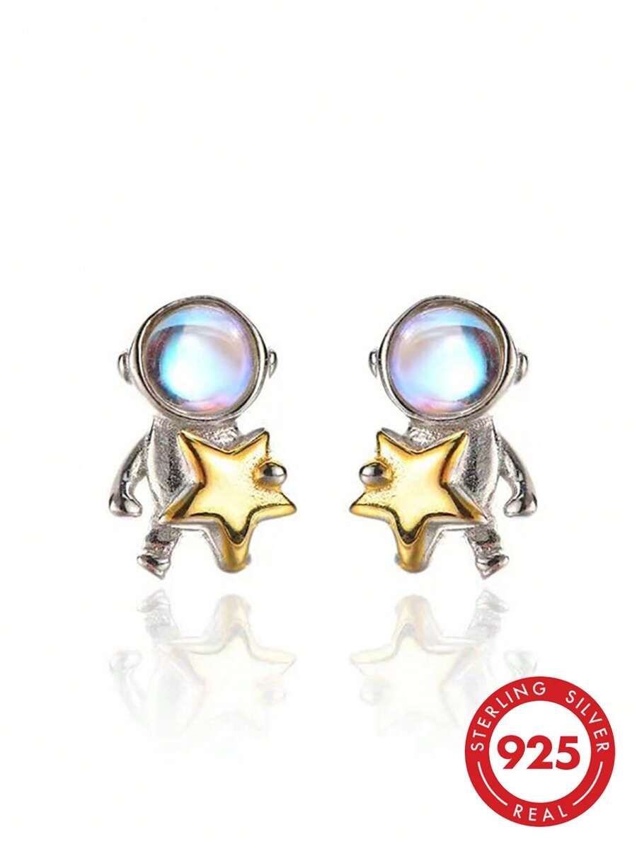 HuooNew 1 Đôi bông tai bạc 925 hình phi hành gia, món quà trang sức bạc tinh tế dành cho phụ nữ. - Bạc - Xem 1